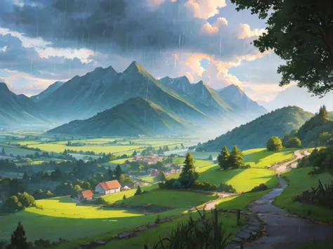 landscape, beautiful view, anime, rain, cloudy, no people, rural areas