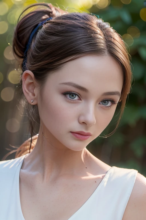 ((top-quality、8K、Photorealsitic, ​masterpiece:1.3)), 1 Japanese girl, hyperdetailed face, No makeup, Detailed lips, (black eyes:1.4), (light smile:0.7), (low ponytail:1.4),  dark Brown hair, Cleavage, halter shoulder white dress, maxi length,  (Light Particles, lens flare, glowing particles:0.6), background forest