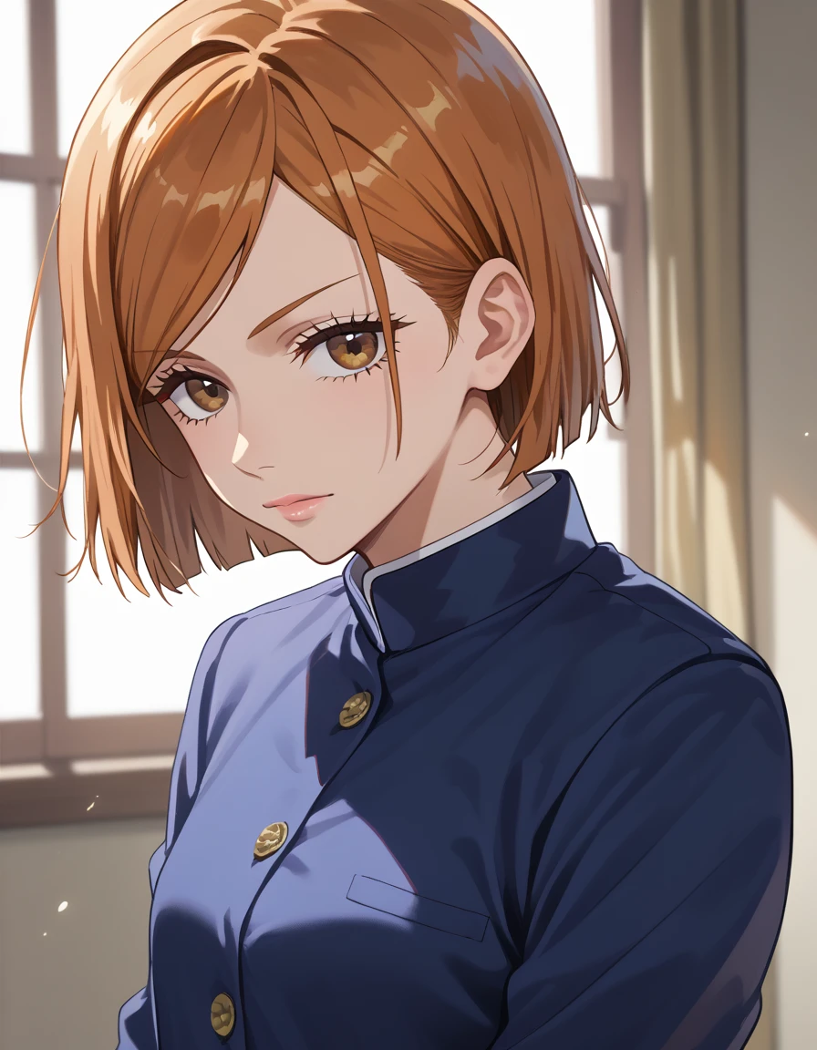 (masterpiece), (best quality), (ultra-detailed), (best illustration), (best shadow), (absurdres), nobarakugisakinova, short hair, orange hair, ((brown eyes)), kugisaki nobara, school uniform, 1girl, solo, jacket, bangs, gakuran, closed mouth, long sleeves, looking at viewer, upper body, おっぱい
