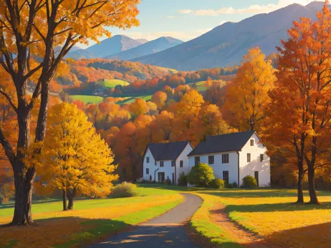 an autumn countryside path lined with colorful trees, leading to a farmhouse nestled among the hills, landscape