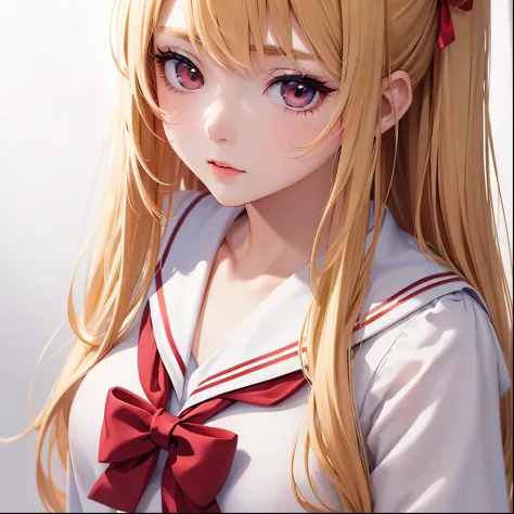 very detailed、anime style illustrations、blonde high school girl with heavy makeup、sailor suit、cherry hair tie、close-up from ches...