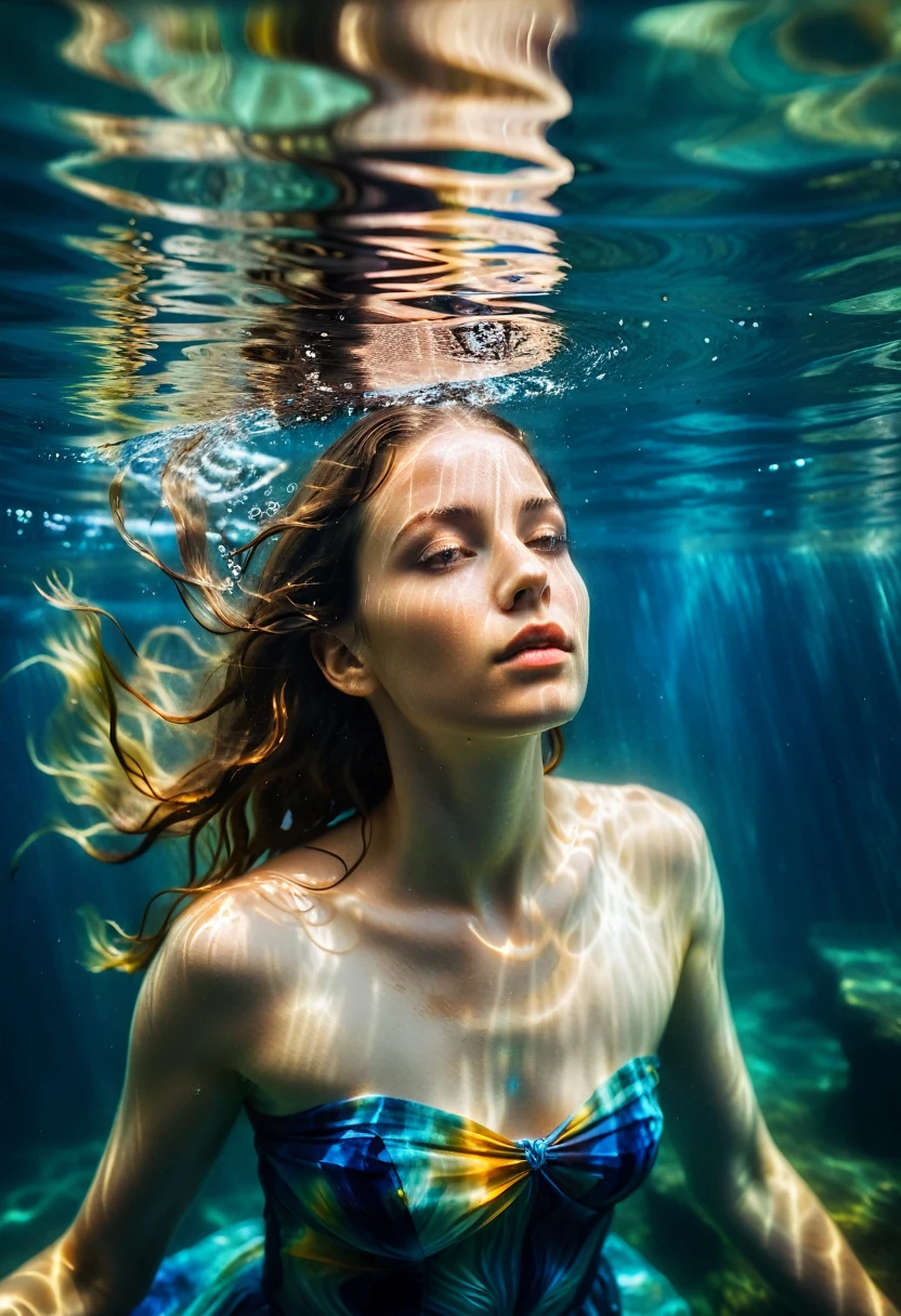 underwater portrait photo, abstract colorful overlays, ethereal lighting, surreal elements, high contrast, natural light, high detail, soft focus, dreamy, expressive, intimate, vibrant hues, textured water surface, fluid motion, artistic, moody, atmospheric, intricate details, dynamic, evocative, fantastical, mystical, soft shadows, luminous, layered textures, bold colors, otherworldly, imaginative, whimsical, serene, 50mm lens, f/2.8, ethereal glow, delicate, painterly