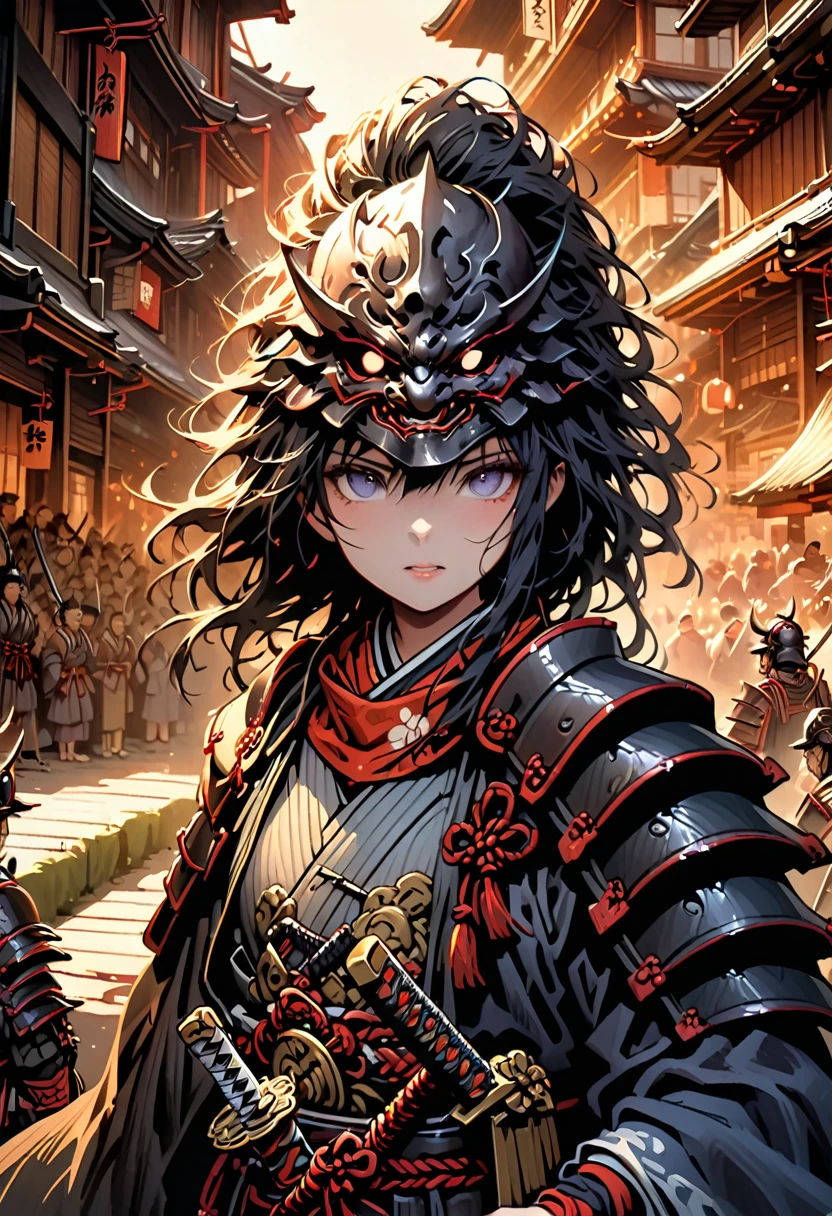 A samurai holding a detailed sword, close-up, sword edge and ornament clearly visible, sword held in one hand, image taken from low angle reflecting the light of the metal sword, blurred face, (best quality,4k,8k,highres,masterpiece:1.2),ultra-detailed,(realistic,photorealistic,photo-realistic:1.37),intricate details,dramatic lighting,moody atmosphere,cinematic composition,japanese warrior,samurai armor,katana,focus on sword