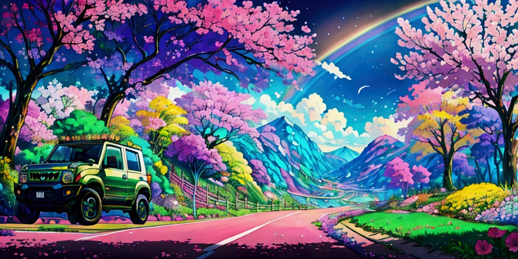 "A Suzuki Jimny driving on a rainbow-colored road, surrounded by pastel-colored, vibrant flowers, with a stunning landscape, creating a utopian atmosphere full of dreams and hope. A masterpiece, 16k ultra-high resolution, depicting a radiant, futuristic world 30 years from now, glowing with rainbow colors and a sense of wonder."