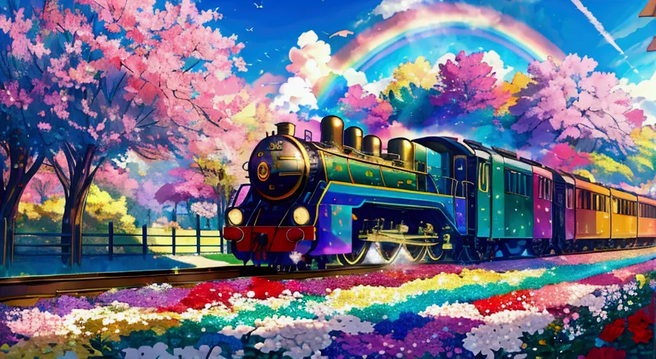 a locomotive running on rainbow-colored tracks，colorful，beautiful flowers，wonderful景色，utopia，an atmosphere full of dreams and ho...