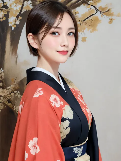 288 (20-year-old woman,short hair) , (a kind smile) , (kimono), (colorful), (japanese painting by uemura shōen), flower