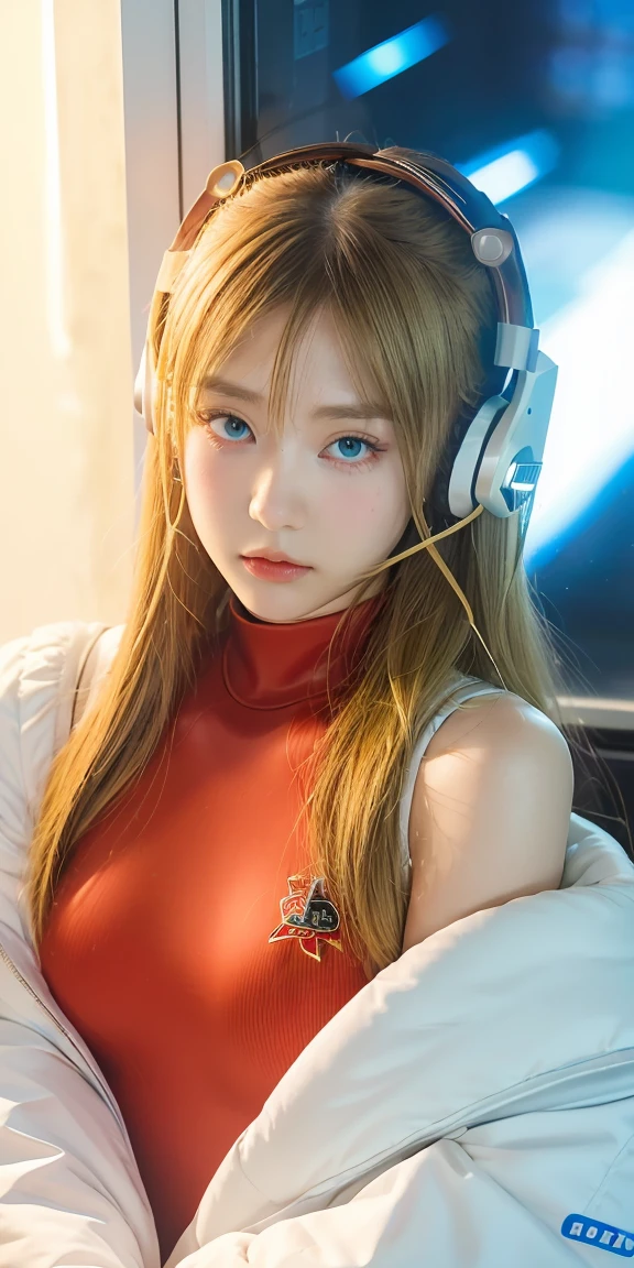 (Overhead view),dynamic angle,ultra-detailed, illustration, close-up, straight on, 1girl, 
 ((souryuu asuka langley, interface headset, red bodysuit:1.4, blonde)),Her eyes shone like dreamy stars,(glowing eyes:1.233),(beautiful and detailed eyes:1.1),(expressionless,closed mouth),(standing), 
(mechanic room with toolsand spaceship windowin a white SPACESHIP),
(night:1.2),dreamy, [[delicate fingers and hands:0.55]::0.85],(detail fingers),