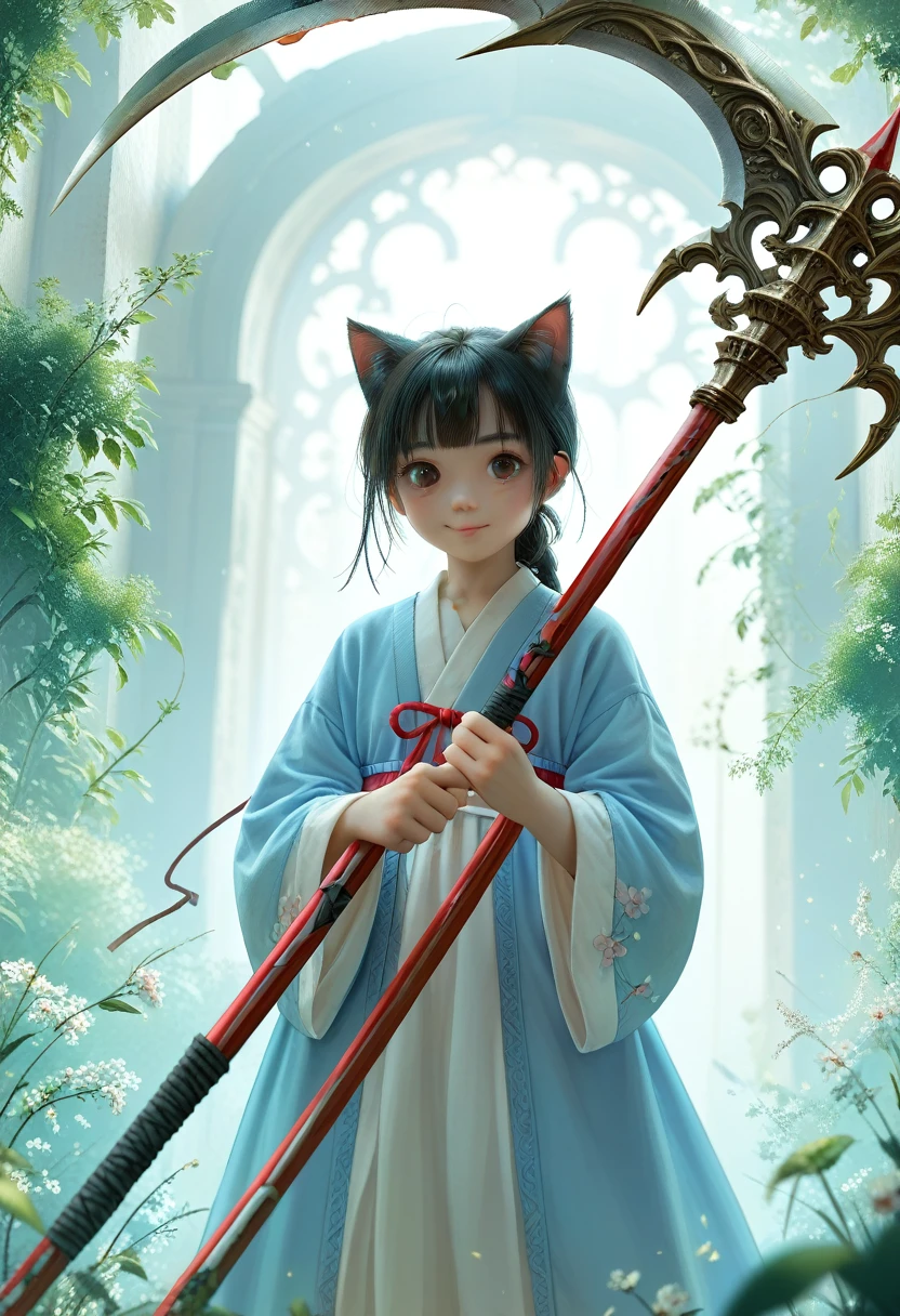 cute cat  holding a DonM5cy7h3XL scythe, single blade, anime 