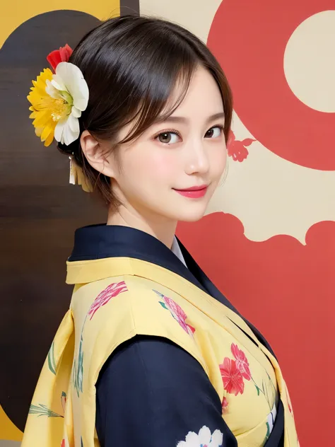 288 (20-year-old woman,short hair) , (a kind smile) , (kimono), (colorful), (japanese painting by uemura shōen), flower