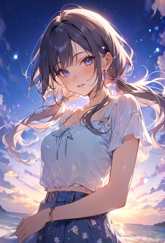 Highest quality　masterpiece　High resolution　masterpieceグレーアイズ　Low Twintails、casual summer outfit　、flowerpunk、Sparkling light particles、Vivid gradient effect