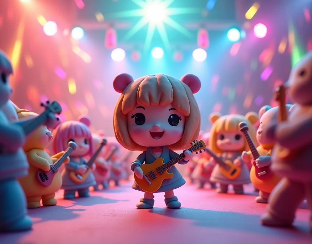 theme{
clay animation
}

menu{
cute clay doll music festival
}

material{
Deformed Nendoroid.
Guitar, drums, synthesizer, bass, microphone, speakers.
Chibikyun idol.
}

spices{
Clay texture and color.
Animated performance with movement.
}

How to make {
All made from clay material.
}

decoration {
Cyberwave hologram rays.
colorful mirror ball.
}

quality{
The enthusiasm of the bubble era.
}

result{
An exciting and moving clay live performance.
}