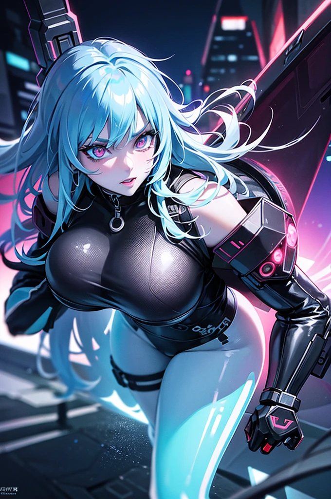 cyberpunk anime girl, anime style, highly detailed, 1girl, beautiful detailed eyes, beautiful detailed lips, extremely detailed face, extremely detailed anatomy, realistic, photorealistic, photo-realistic, octane render, cinematic lighting, dramatic lighting, digital art, concept art, vibrant colors, neon lights, futuristic, sci-fi, hyper detailed, masterpiece, best quality, 8k, ultra-detailed, volumetric lighting, porcelain skin, messy hair, glowing eyes, revealing outfit, seductive pose, dynamic action big breast , huge butt