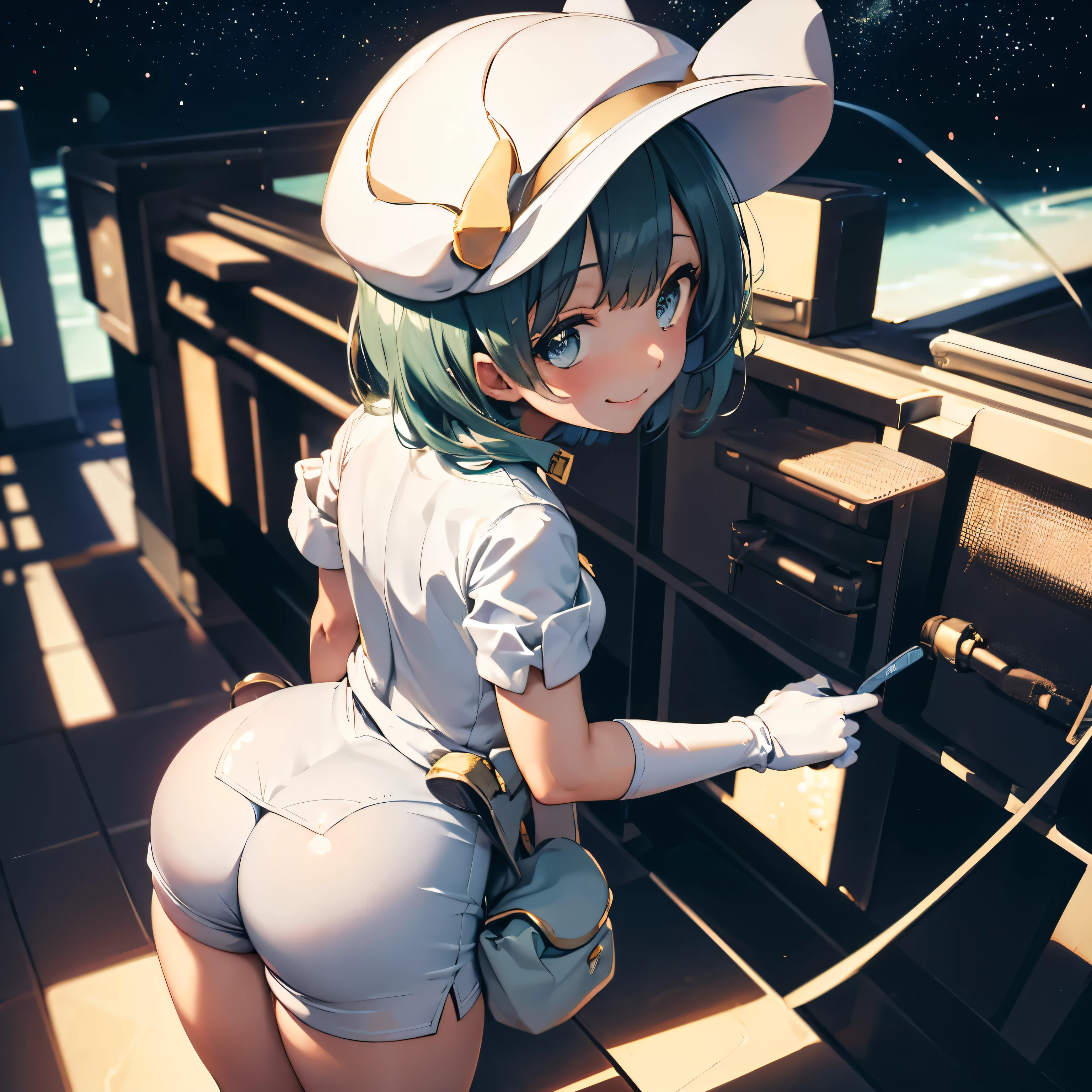 (insanely detailed, beautiful detailed face, masterpiece, best quality), ((masterpiece)),((best quality)),(highres), bokeh, looking at viewer, solo, 1girl, cowboy shot, aether foundation employee, white headwear, white gloves, short sleeves, uniform, white clothes, pouch, thigh boots, gloves, white pantyhose, short shorts, white cabbie hat, white uniform, white gloves, white elbow gloves, short sleeves, white headwear, cabbie hat, jumpsuit, short sleeves, smiling, medium breasts, komeiji_koishi_touhou, third_eye, hat, green_eyes, short_hair, green_hair, ribbon, smile, bow, heart, bangs, hat_ribbon, white hat_bow, hair_between_eyes, white headwear, (((ass, from back, from behind, looking from back, view from back)))