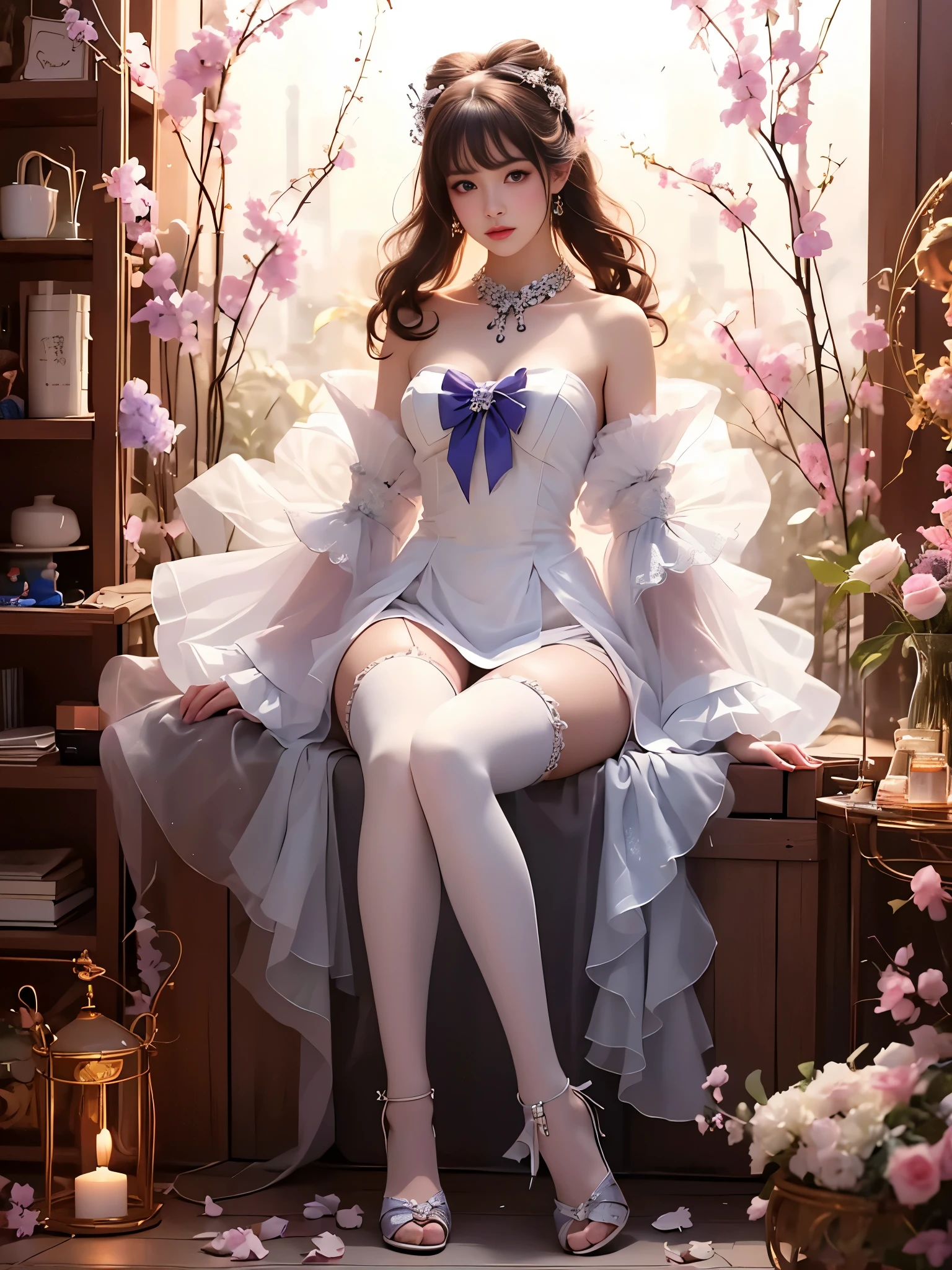 sangonomiya kokomi,hair ornament,white pantyhose,white half gloves,frilled sleeves,bow-shaped hair,bow,detached collar,sandals,white panties,1girl,Alone,widesleeves,longhair,Purple eyes dark style realistic beauty,Full body shot of a young woman sitting, Slim figure, Full breasts, Sitting elegantly,Cross your legs naturally,Proportional coordination, (Focus on natural body posture and correct anatomy:1.3), (Perfect leg proportions:1.3)，(True and accurate leg shape:1.2), High heel,Exquisite facial features,Bright and beautiful eyes,Long and thick eyelashes,High nose bridge,Full, rosy lips,Fair and smooth skin,Soft long hair shawl,Smoky Eyes,Understated and gorgeous jewellery,Low-Key Ambience,Side lighting,Strong contrast between light and dark,4k ultra high definition,Professional soundstage,Cinematic