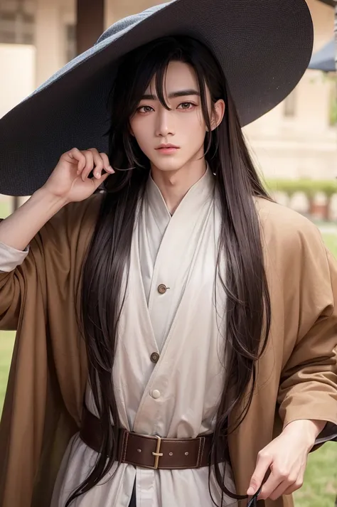 xiao zhan,close-up of a man with long hair and wearing old-fashioned clothing., xiao zhan,big handsome guy,the handsome guy is b...