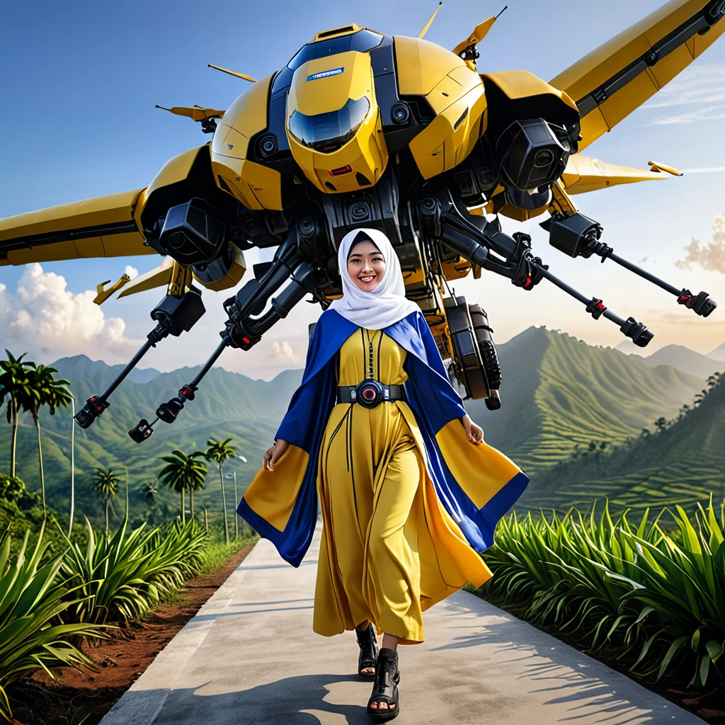 From a low angle, a 20-year-old Thai-Canadian woman wearing a yellow hijab and a blue and white Muslim abaya dress, with huge mecha arms takes off from the ground, supported by a yellow super-sophisticated mechanical backpack with spinning helicopter propellers. She wears a state-of-the-art yellow armor helmet, protective goggles, and a super-realistic style featuring a rugged mountain peak with mist swirling above palm oil plantations and villages, looking dazzling below as the sun sets with speckled sunlight.
1girl, High Resolution, Smile,Masterpiece, Accurate, Impressionism, Best Quality, High Resolution, Detail, High Details, High Quality, Super Detailed Textured Skin, Smile, Happy, Expressions, Facing Another, Wide Shot, 85mm, Atmospheric Perspective, Canon, F/1.8, F/2.8, F/Nikon, Nikon, Macro Photo, Sony FE GM, Impressionism, 8K Octane, Illustration, Action Painting, Artistic, Character Design, Digital Art, Futurism, Genre Painting, Hyperdetailed, Hyperrealism, Photorealistic, Portrait Photography, Pixel Art, Realism, Unreal Engine, 