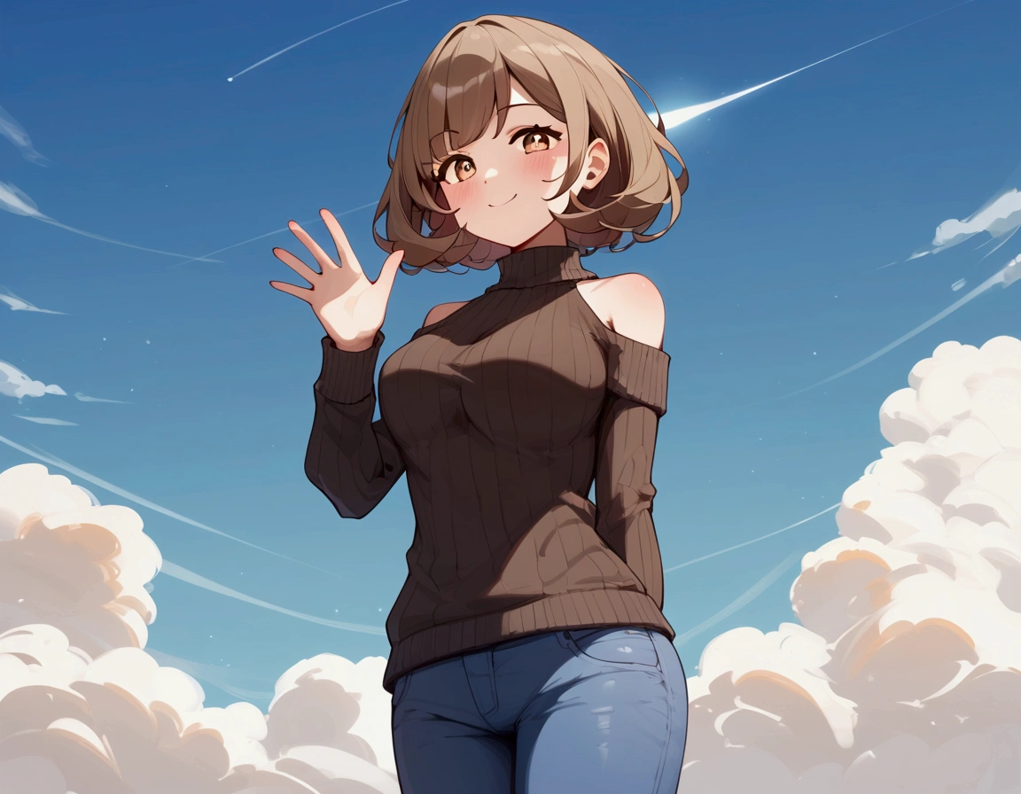 ((appearance:Brown Hair＿Shoulder-length hair＿Hair with movement＿Sparkling light brown eyes＿Thin outline＿＿A kind-looking woman)、(clothing;Dark brown sweater＿Blue jeans pants＿))。Smiling and waving、(place:Stonework＿Around town＿entrance)、(Shade Shooting＿high quality＿Score_9， Score_8_superior， Score_7_superior)、There is a lot of white space