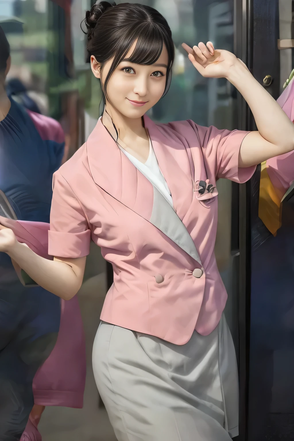 (masterpiece:1.2, Best Quality:1.2), 32K HDR, High resolution, (Alone、1 girl)、（On the roof of a building during the day、Professional Lighting）、Building rooftop background、（Nankai train crew uniform pinkを着たリアルスタイル）、（Nankai Railway crew uniform, pink, short sleeve, collarless, pink jacket、Nankai Railway crew uniform pink no-collar short-sleeve blouse、Nankai Railway crew uniform pink grey knee-length culottes）、（（The bottom of the pink short-sleeved jacket cannot be tucked into the clay-colored culottes..））、Dark brown hair、（Hair tied up、Hair Bun、Hair Bun）、Dark brown hair、Long Shot、Big Breasts、Thin legs、（（Great hands：2.0）），（（Harmonious body proportions：1.5）），（（Normal limbs：2.0）），（（Normal finger：2.0）），（（Delicate eyes：2.0）），（（Normal eyes：2.0））)、smile、（Nankai Railway crew uniform pink grey knee-length culottesを見せた美しい立ち姿） 