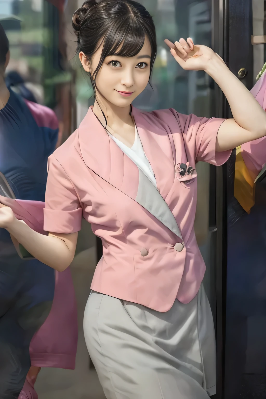 (masterpiece:1.2, Best Quality:1.2), 32K HDR, High resolution, (Alone、1 girl)、（On the roof of a building during the day、Professional Lighting）、Building rooftop background、（Nankai train crew uniform pinkを着たリアルスタイル）、（Nankai Railway crew uniform, pink, short sleeve, collarless, pink jacket、Nankai Railway crew uniform pink no-collar short-sleeve blouse、Nankai Railway crew uniform pink grey knee-length culottes）、（（The bottom of the pink short-sleeved jacket cannot be tucked into the clay-colored culottes..））、Dark brown hair、（Hair tied up、Hair Bun、Hair Bun）、Dark brown hair、Long Shot、Big Breasts、Thin legs、（（Great hands：2.0）），（（Harmonious body proportions：1.5）），（（Normal limbs：2.0）），（（Normal finger：2.0）），（（Delicate eyes：2.0）），（（Normal eyes：2.0））)、smile、（Nankai Railway crew uniform pink grey knee-length culottesを見せた美しい立ち姿） 