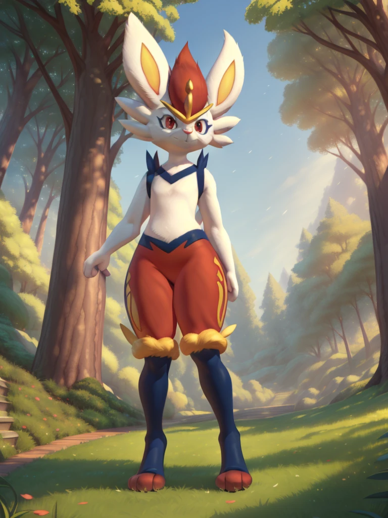 cinderace, female, red eyes, (soft shading), 4k, hi res, five fingers, detailed hands, ((detailed face, (detailed eyes:1.0), detailed)), by zackarry911, by zaush, (by personalami:0.5),standing, looking at viewer, grass, park, trees, rabbit tail