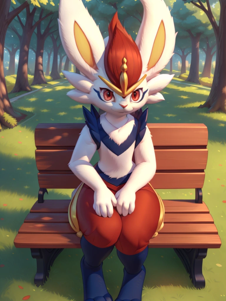 cinderace, female, full body, red eyes, (soft shading), 4k, hi res, five fingers, detailed hands, ((detailed face, (detailed eyes:1.0), detailed)), by zackarry911, by zaush, (by personalami:0.5), sitting on bench, looking at viewer, grass, park, trees, rabbit tail