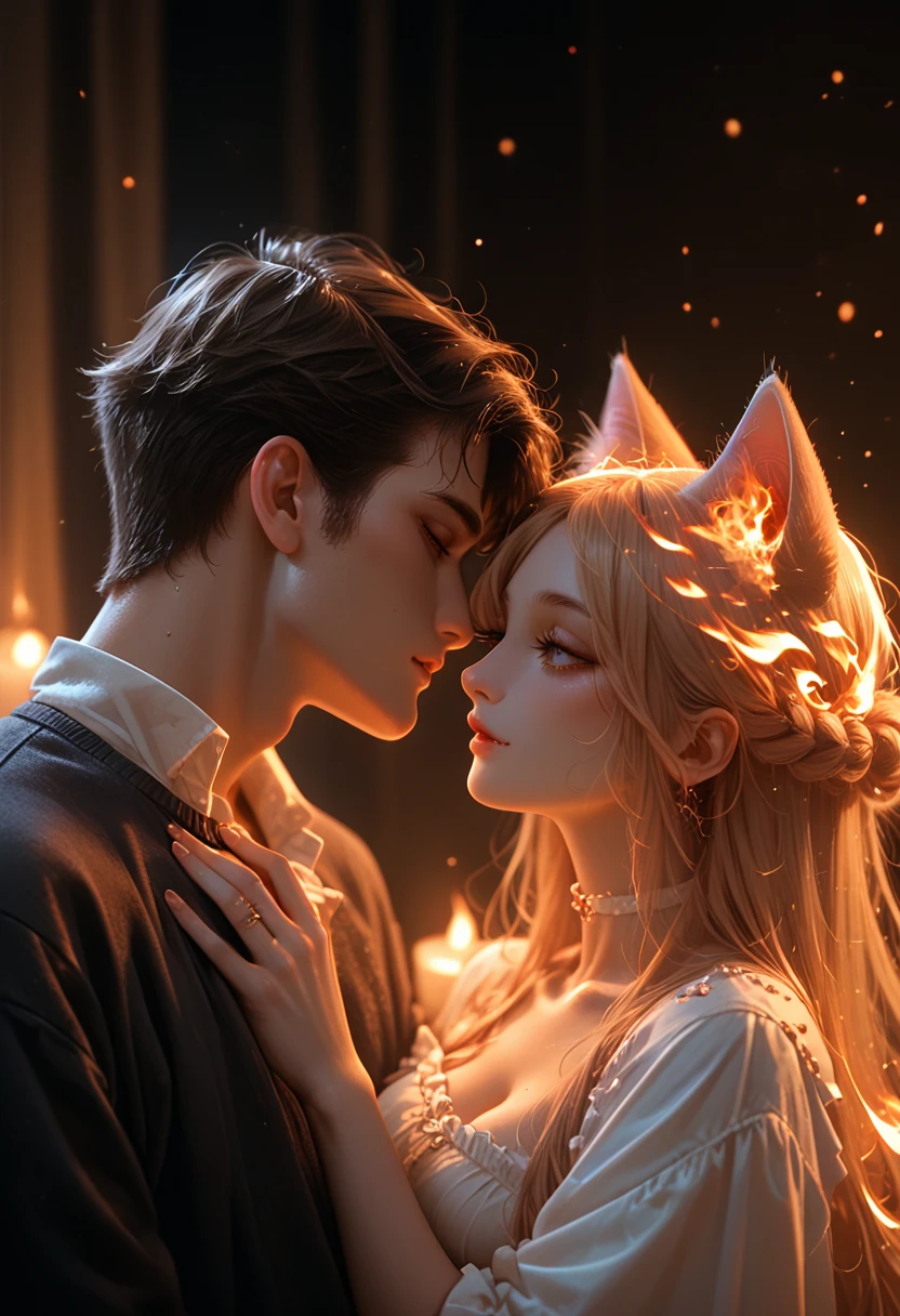 couple in love, cat girl, flame