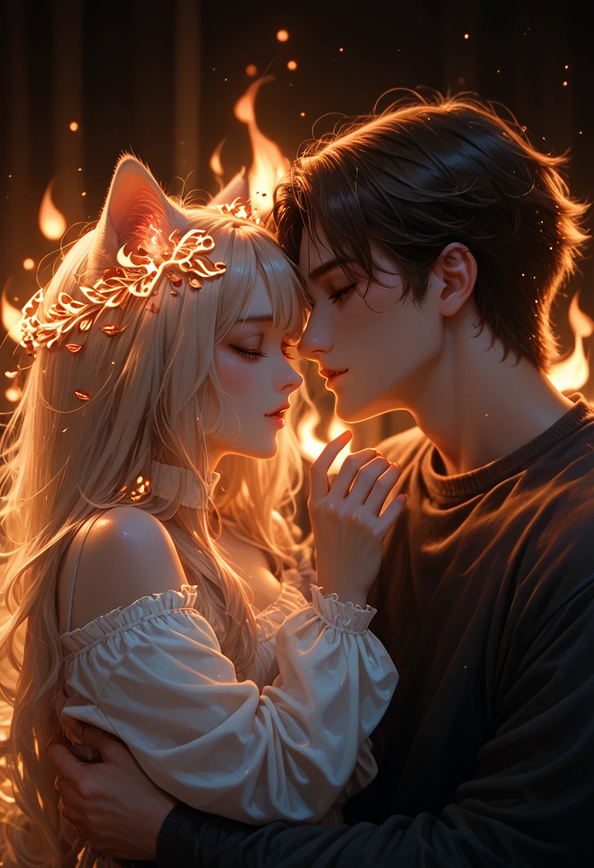 couple in love, cat girl, flame