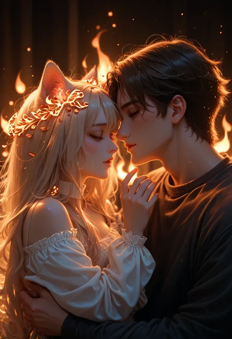 couple in love, cat girl, flame