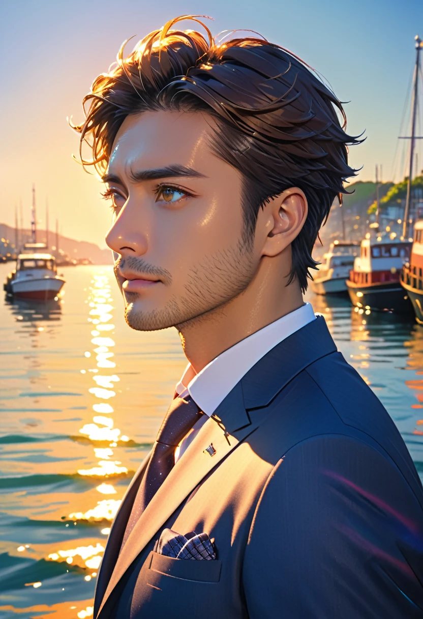 (masterpiece, Best Quality:1.2), One Man、Japanese、(side), Brown eyes, Beautiful Face, beautiful eyes, Big eyes、Salaryman、suit、Backlight, Standing on the quay of the harbor, (sea、Shining Water Surface), Wave, Vibrant colors, Bright sunlight, 8k, Ultra HD、Side Shot、Stubble under the chin