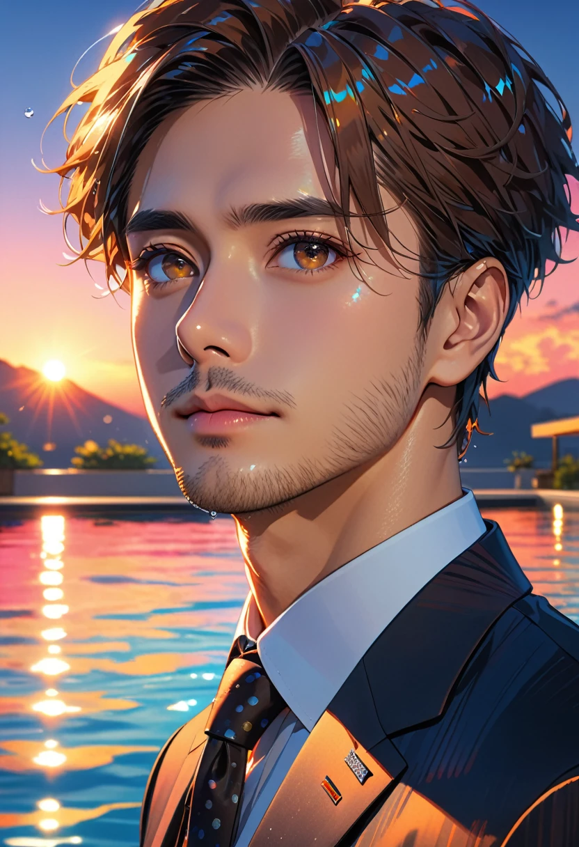 (masterpiece, Best Quality:1.2), One Man、Japanese、(side), Brown eyes, Beautiful Face, beautiful eyes, Big eyes、Salaryman、suit、Backlight, Night Pool(Shining Water Surface), Vibrant colors, Sunset、8k, Ultra HD、Side Shot、Stubble under the chin