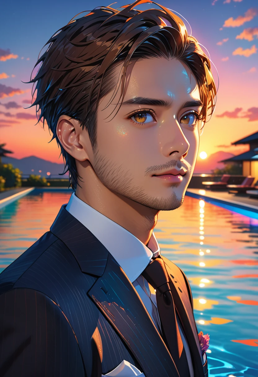 (masterpiece, Best Quality:1.2), One Man、Japanese、(side), Brown eyes, Beautiful Face, beautiful eyes, Big eyes、Salaryman、suit、Backlight, Night Pool(Shining Water Surface), Vibrant colors, Sunset、8k, Ultra HD、Side Shot、Stubble under the chin