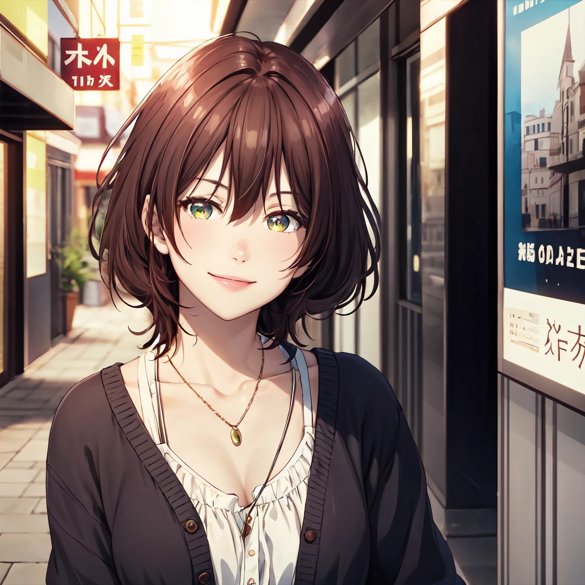 masterpiece, (best quality), 1woman,1girl ,aoihinami, , short hair, green eyes, white shirt,cardigan,sexy woman,jacket, necklace, jewelry,closed clothes,  smile, hair between eyes, vibrant colors ,natural lighting  ,RTX,  , beautiful, (detailed face:1.2), showcase, (perfect eyes:1.1) ,(photorealistic:1.1), 8k uhd,  looking a viewer, outdoors,  simple backround