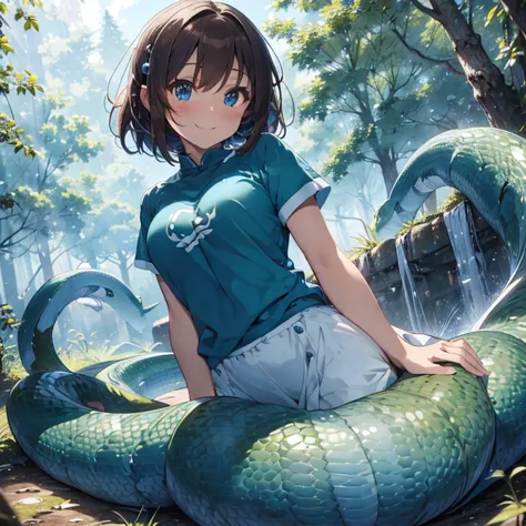 masterpiece, best quality, high quality, 1lamia girl,  solo, has short brown hair, has blue eyes, has green and white scales, ha...