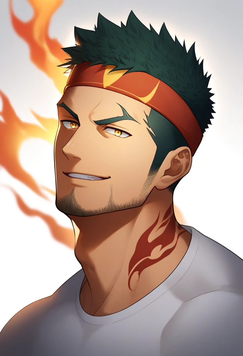 anime characters：Gyee, priapus, 1 young muscular man, male focus, Flame tattoo, sports Red headband, Creamy white spandex tight T-shirt, muscular male, muscular, only, Upper body, alone, Black short hair, Thick eyebrows, stubble, Yellow eyes, White background, simple background, amazing quality, best aesthetics, Ridiculous, bright pupils, crew cut, naughty face, torogao, parted lips, best quality