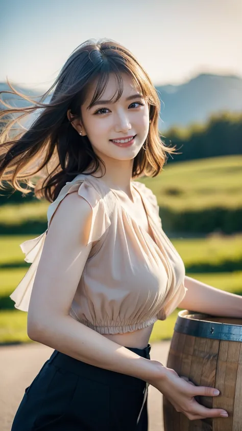 one girl, ((ruffled bolero blouse,barrel leg cargo pants)), (beautiful japanese idol portrait photos), (with a beautiful country...