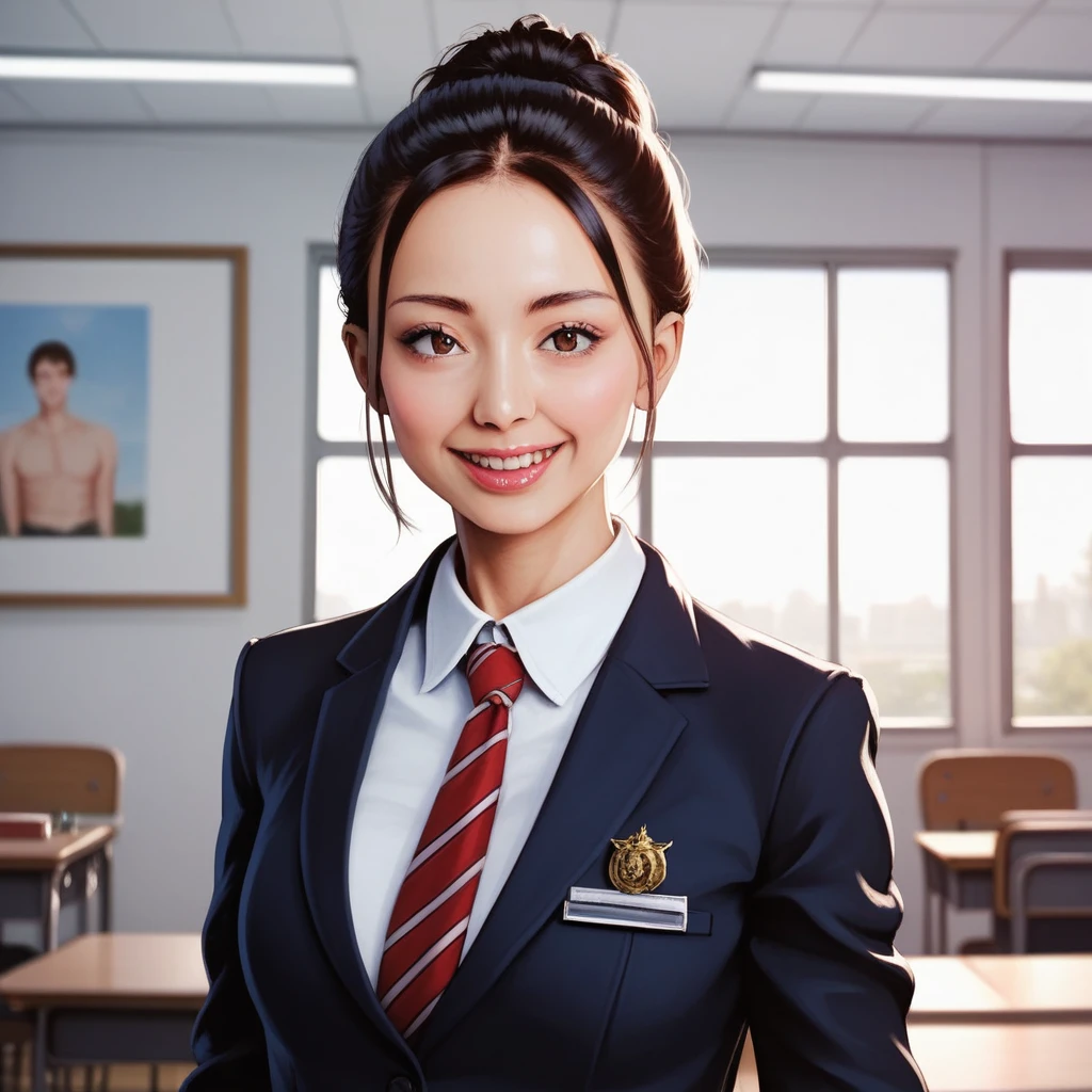 A beautiful detailed girl with tan skin, gyaru style short hair, wearing a school uniform in a school setting, (best quality,4k,8k,highres,masterpiece:1.2),ultra-detailed,(realistic,photorealistic,photo-realistic:1.37),HDR,UHD,studio lighting,ultra-fine painting,sharp focus,physically-based rendering,extreme detail description,professional,vivid colors,bokeh,portraits,anime