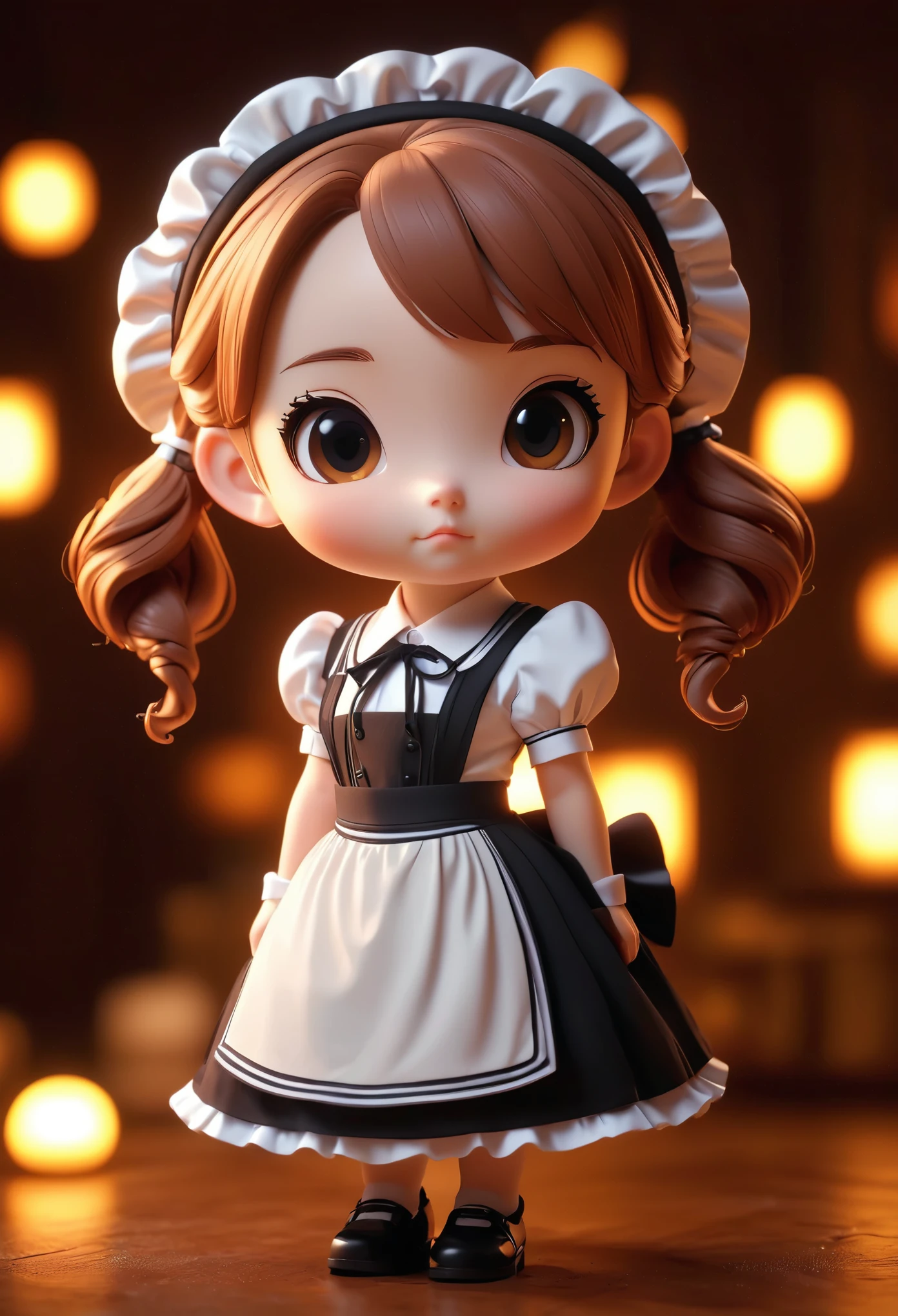 a cute chibi girl in maid outfit, claymation, deformed, full body, cute, adorable, soft lighting, warm colors, detailed facial features, high quality, intricate details, 3d render, volumetric lighting, photorealistic, artstation, elegant, whimsical, fantasy, magical, beautiful, delicate, ethereal