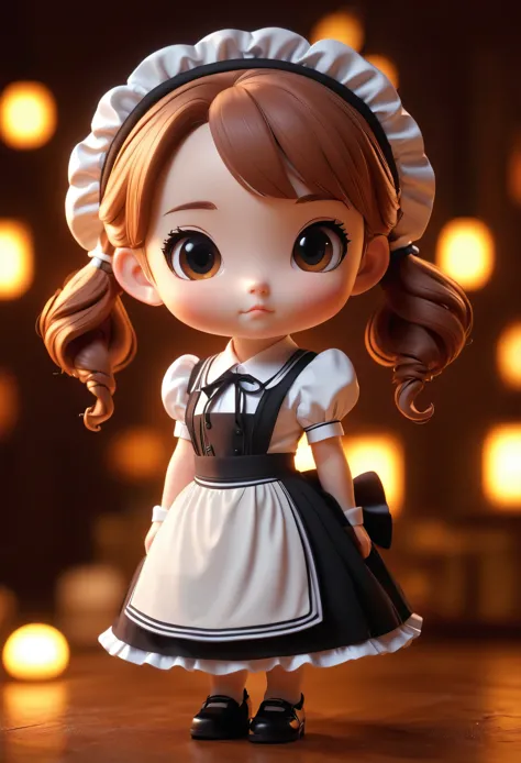 a cute chibi girl in maid outfit, claymation, deformed, full body, cute, adorable, soft lighting, warm colors, detailed facial f...