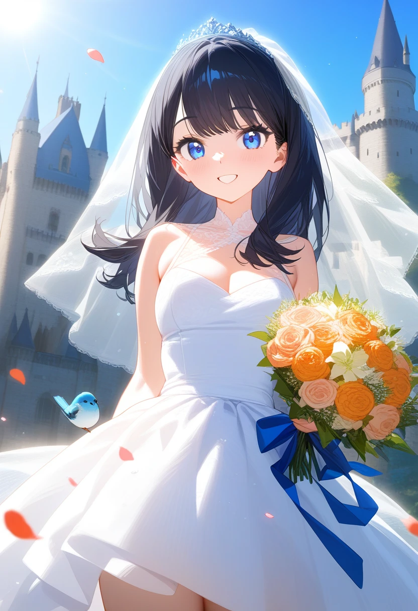 solo,1girl,takarada rikka, blue eyes, black hair, long hair, bangs, ultra-detailed,masterpiece,best quality, A line wedding dress, wedding veil, Cowboy shot, smile, happy, holding a bouquet, castle, little bird, petals, beautiful blue sky, beautiful sunlight, beautiful lighting, backlighting, face