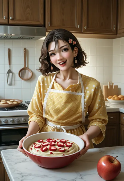 (masterpiece, highest quality:1.2), (raw photo), 
(beautiful  japanese girl), 
baking an apple tart in the kitchen. 
he is smili...