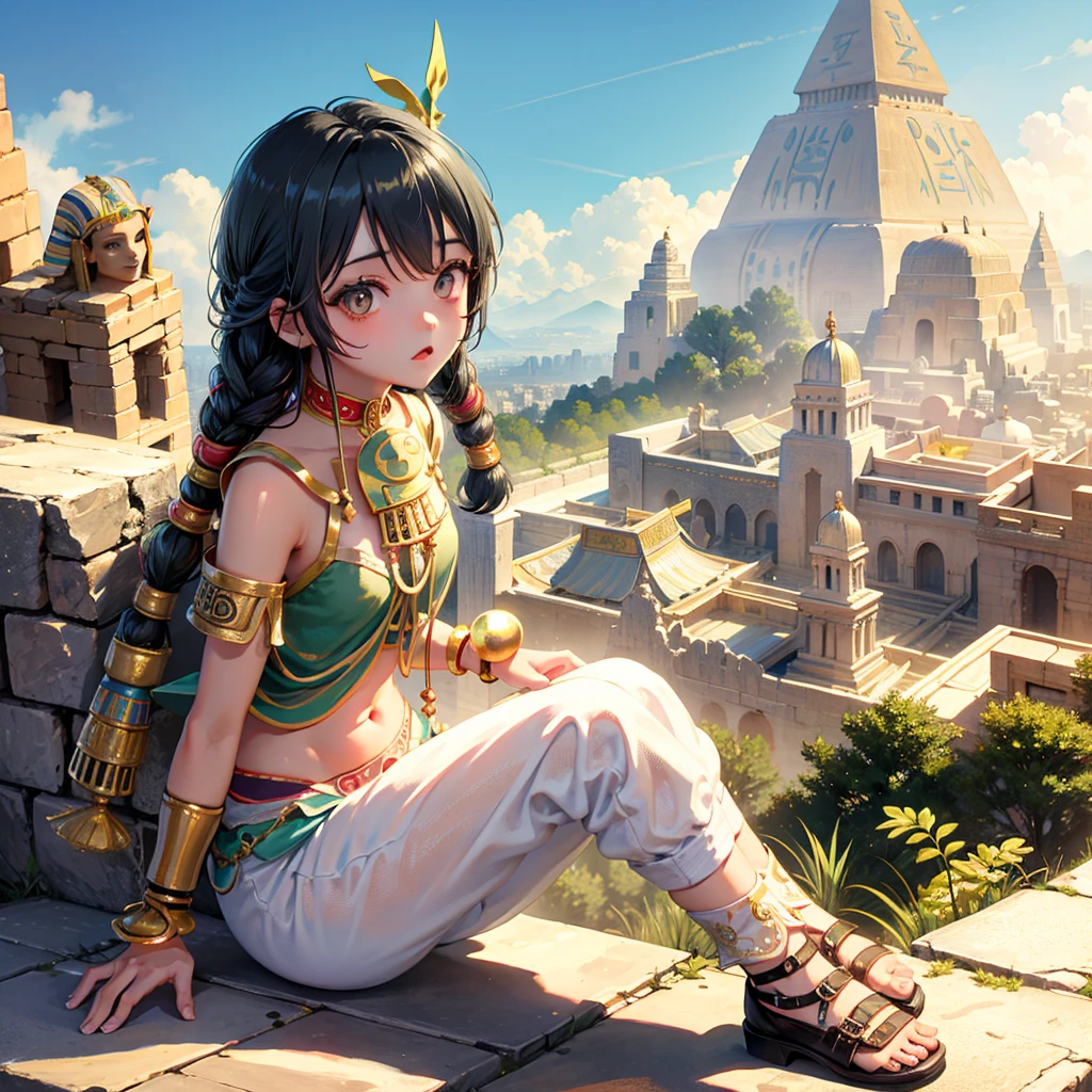 Cute Ancient Egyptian Girl、A hill overlooking the colorful temples of ancient Egypt、A colorful view of the whole city