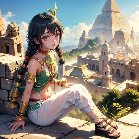 cute ancient egyptian girl、a hill overlooking the colorful temples of ancient egypt、a colorful view of the whole city