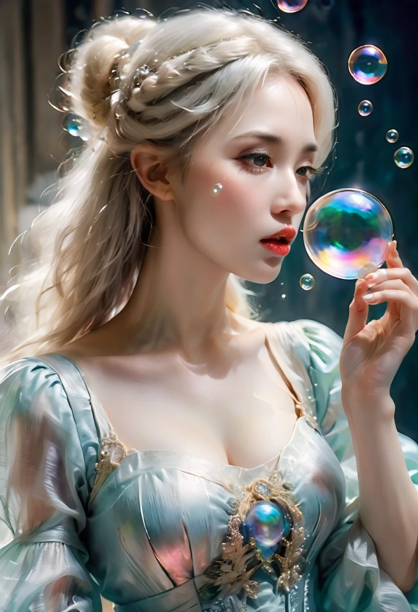 A painting of a woman in a dress blowing bubbles, Reusch and Wow, Mysterious Bubbles, Moebius + Reusch + Wow, Dreamy details, intricate Wow, A close-up fantasy using the magic of water, fairy tale artwork, Fairy tale painting, Anna Dittmann style, Wow art, Realistic fantasy painting, Artgerm Julie Bell Beeple