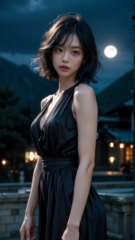 beautiful japanese women, short black hair, black eyes, the, eyes filled with tears, wearing a black dress, black high heels, on...