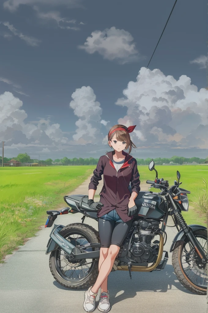 (masterpiece, best quality),  intricate details,
1girl,     may, shirt, bike shorts, bandana, red shirt, hairband, medium hair, gloves, shorts, bow hairband, sleeveless, red bandana
 hands on hips,