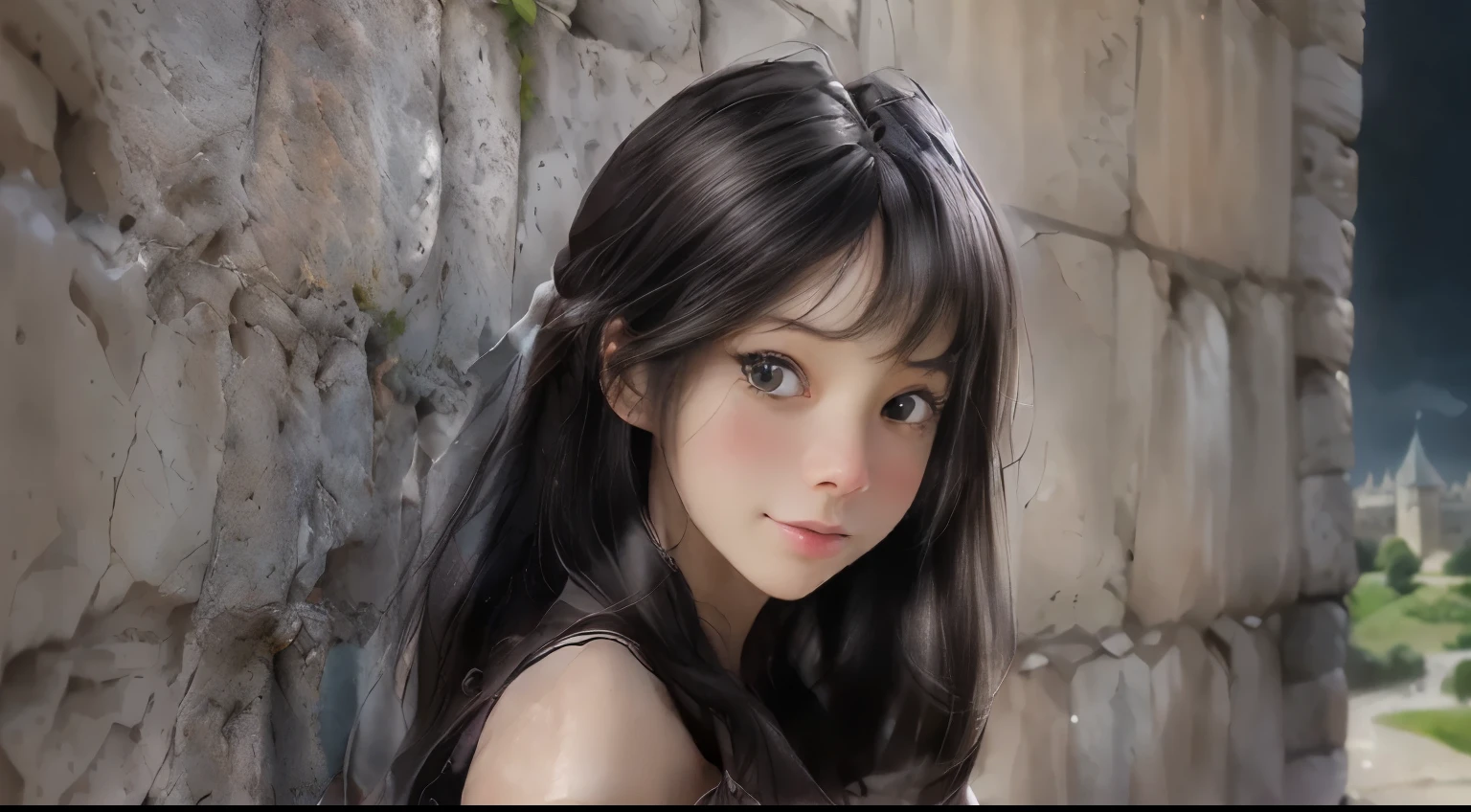 (ultra-realistic realism)、(illustratio)、(A high resolution)、(8k)、(The is very detailed)、(Best Illustration)、(Beautifully detailed eyes)、(top-quality)、(ultra - detailed)、(tmasterpiece)、(the wallpaper）、（A detailed face）、solo、1 girl in、looking at viewert、finedetail、A detailed face、in the darkness nigth、deep shading、low tune、pureerosfaceace_v1、A smile、Long、Black shawl straight hair、46-point diagonal bangs,　（silk dress、long  skirt）(cropped shoulders）The view of the castle、、Stand against the wall