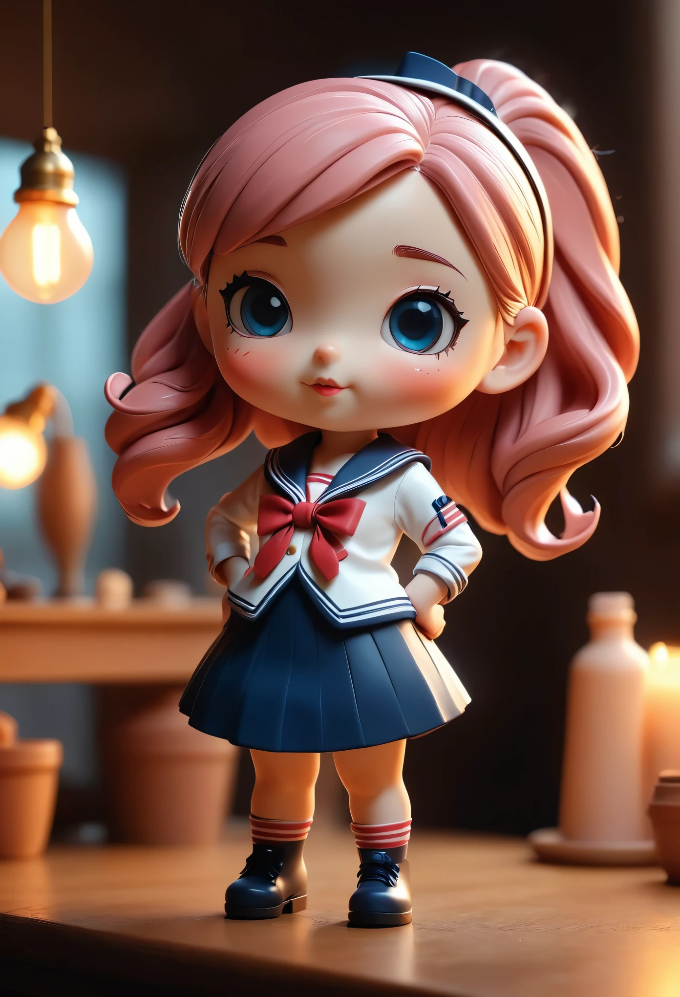 A cute claymation girl in sailor uniform, deformed character, clay figurine, (best quality,4k,8k,highres,masterpiece:1.2),ultra-detailed,(realistic,photorealistic,photo-realistic:1.37),HDR,UHD,studio lighting,ultra-fine clay sculpture,sharp focus,physically-based rendering,extreme detail description,professional,vivid colors,cute,kawaii,adorable,whimsical,charming,clay art,polymer clay,sculptural,3D render,stylized,soft lighting,pastel colors,delicate features,expressive eyes,rosy cheeks