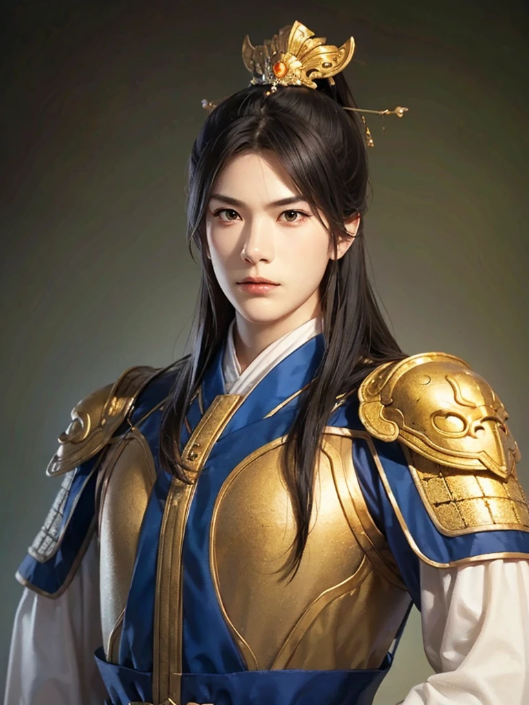 1 man in Han dynasty armor、There are exquisite patterns on the armor of the Han Dynasty、Beautiful boy、、whole body娇嫩的身体, Exquisite eyes、Long hair,、Hair accessories、Eternal,、whole body、Three Kingdoms、， Solid background, Smoky environment, Adds a touch of mystery and drama to the scene. Soft and even lighting, Cast soft shadows, Create an atmosphere of seriousness and focus.