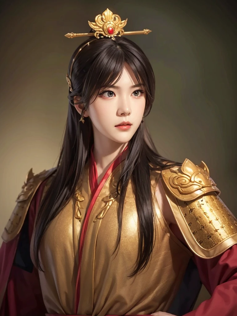 1 man in Han dynasty armor、There are exquisite patterns on the armor of the Han Dynasty、Beautiful boy、、whole body娇嫩的身体, Exquisite eyes、Long hair,、Hair accessories、Eternal,、whole body、Three Kingdoms、， Solid background, Smoky environment, Adds a touch of mystery and drama to the scene. Soft and even lighting, Cast soft shadows, Create an atmosphere of seriousness and focus.