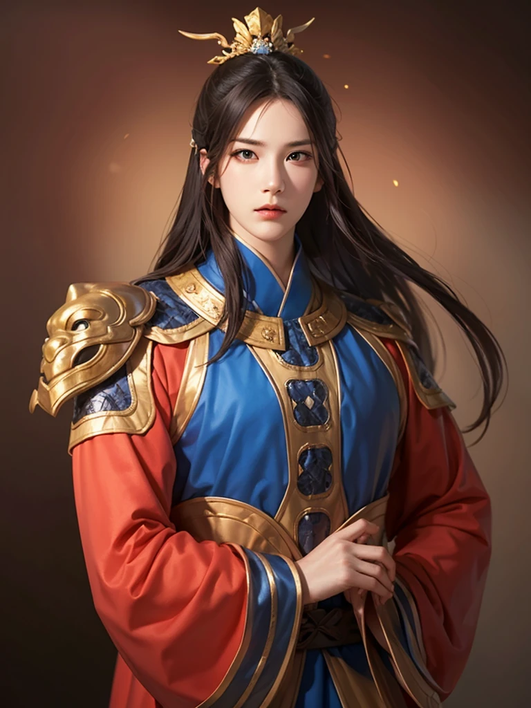 1 man in Han dynasty armor、There are exquisite patterns on the armor of the Han Dynasty、Beautiful boy、、whole body娇嫩的身体, Exquisite eyes、Long hair,、Hair accessories、Eternal,、whole body、Three Kingdoms、， Solid background, Smoky environment, Adds a touch of mystery and drama to the scene. Soft and even lighting, Cast soft shadows, Create an atmosphere of seriousness and focus.